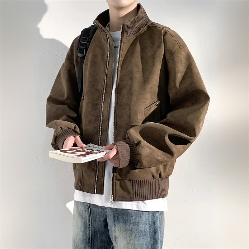 秋季大码新款夹克外套男美式休闲潮流百搭复古螺纹领宽松立领皮衣