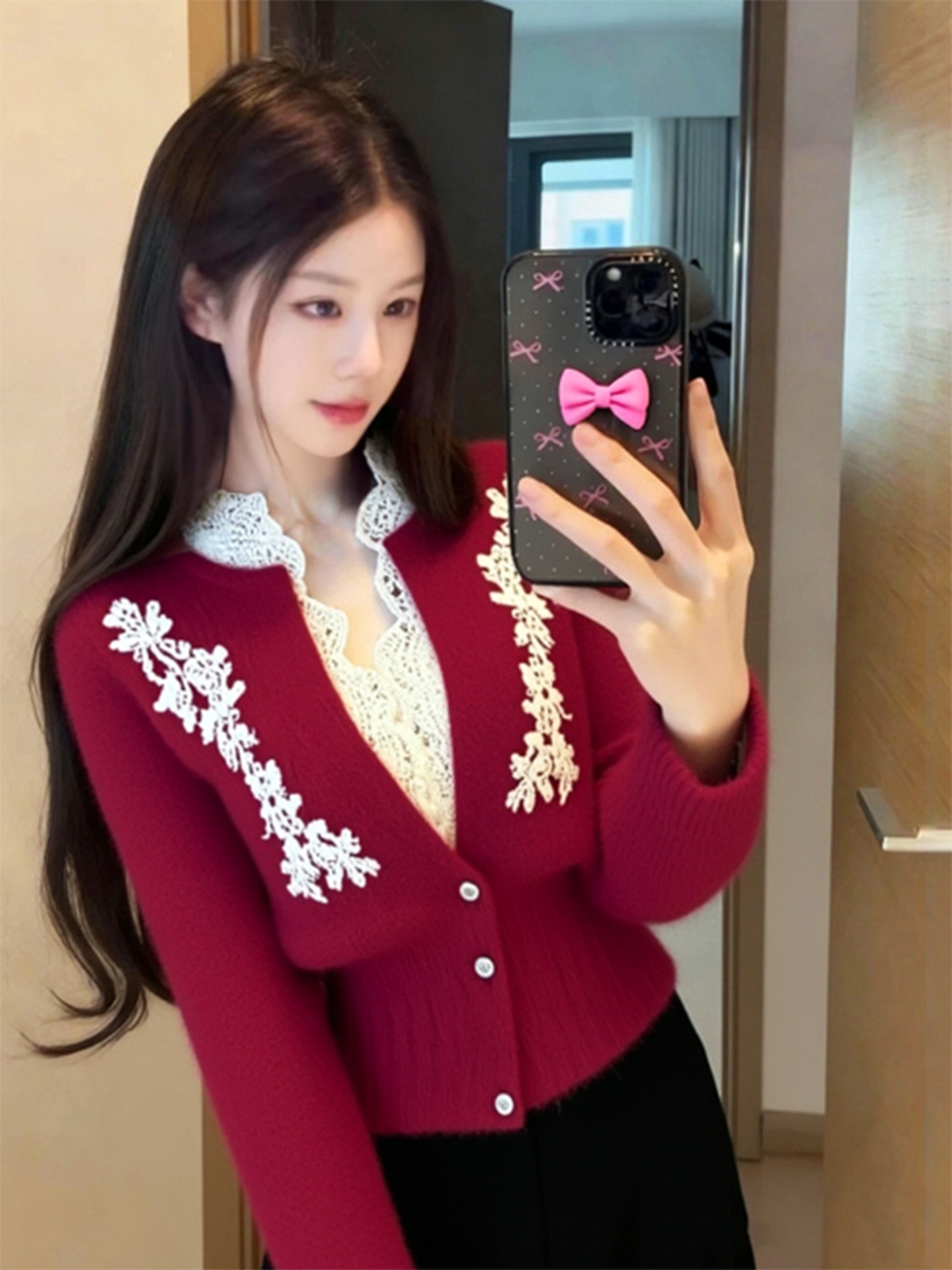 时尚减龄气质氛围感小香风红色蕾丝拼接针织衫上衣女2025冬季新款