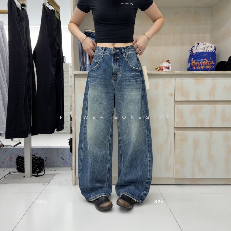花匣子牛仔裤女2025秋冬爆款87326蓝色垂感阔版宽松显瘦弯刀裤潮