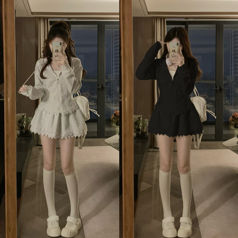 灰灰专属大码新韩系拼接蕾丝收腰连帽卫衣外套半身裙两件套显瘦