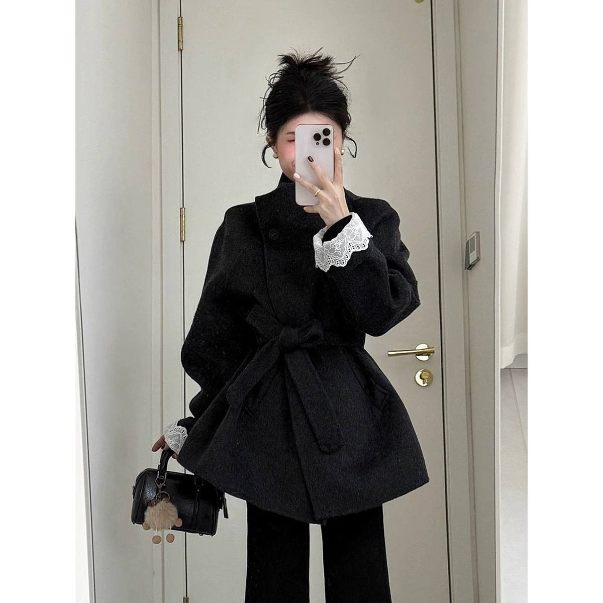 高级感灰色毛呢外套女2025秋冬新款系带收腰呢子大衣小个子超好看