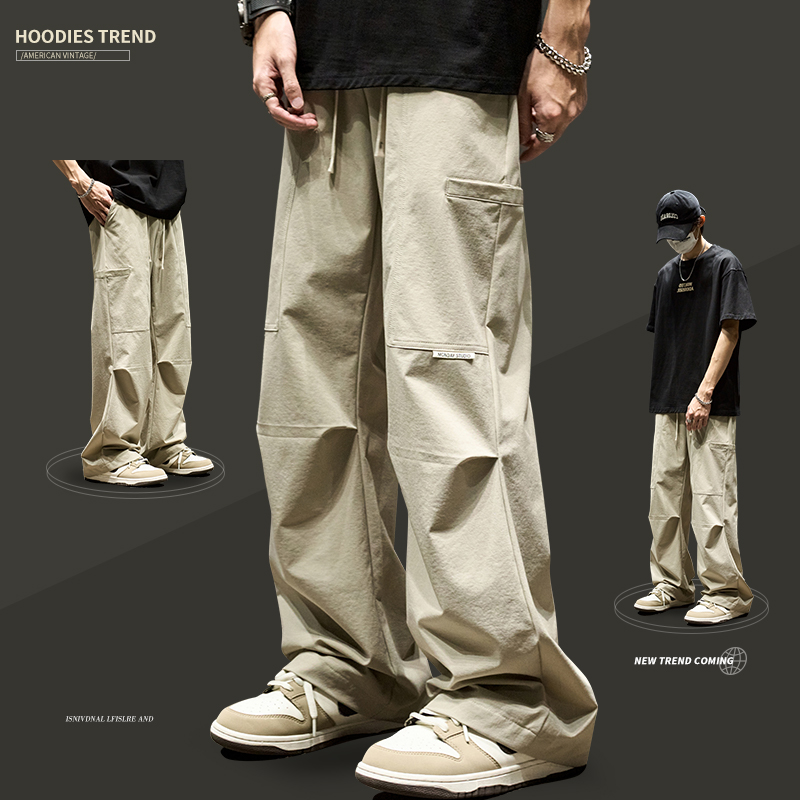 男士裤子夏季薄款冰丝伐木工装裤直筒裤子美式潮牌宽松休闲伞兵裤