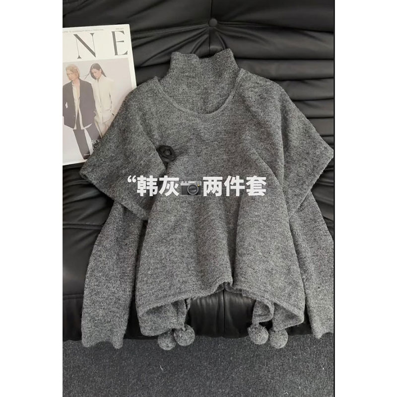 法式高领毛衣女秋冬大码套装洋气立体花装饰千金感斗篷式针织上衣