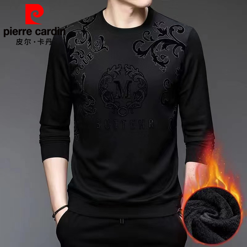 皮尔卡丹2025男士秋冬卫衣加绒植绒时尚套头长袖宽松打底外穿圆领