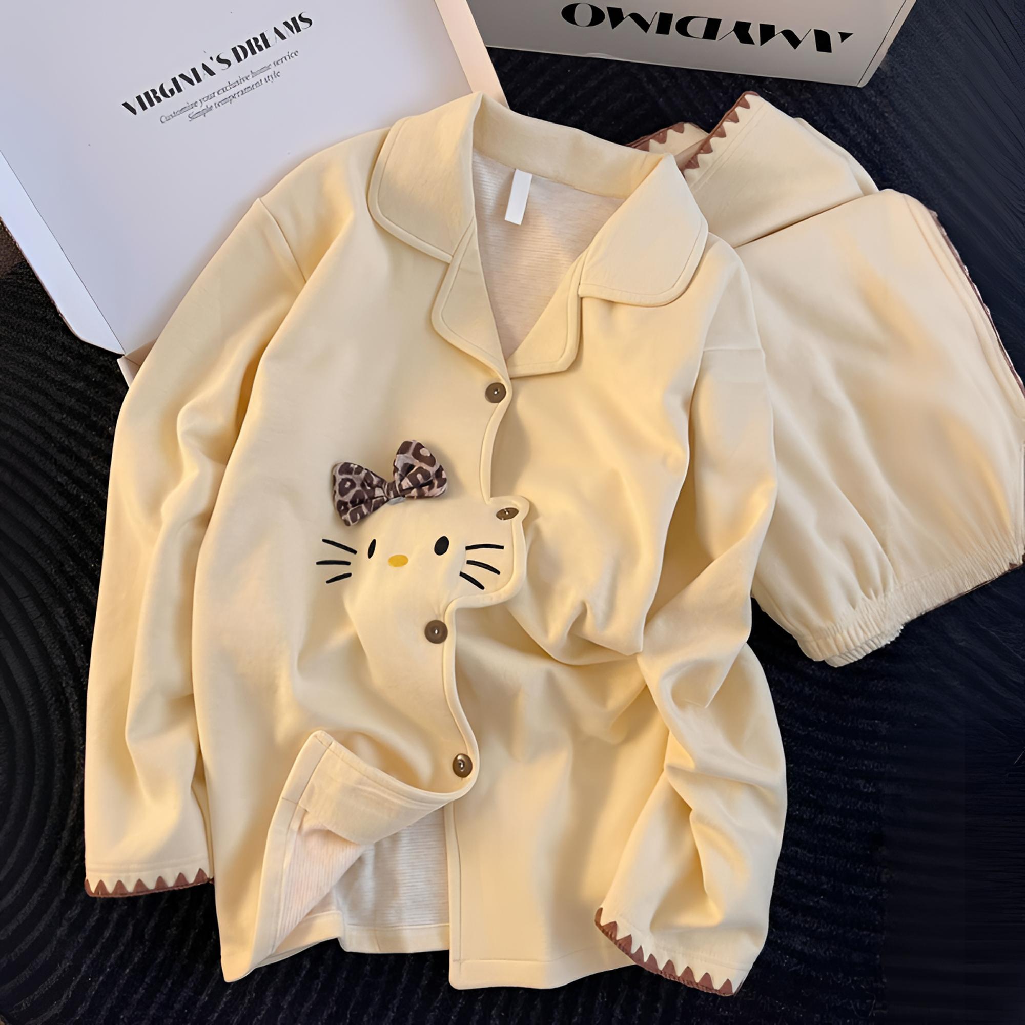 德绒睡衣女秋冬季保暖加厚磨毛日系可爱KT猫刺绣少女可外穿家居服