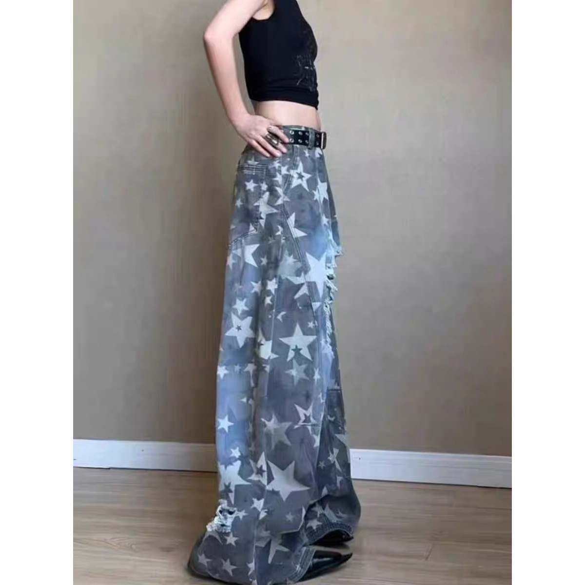 美式街头复古星星印花设计破洞弯刀裤辣妹高街宽松慵懒风阔腿长裤