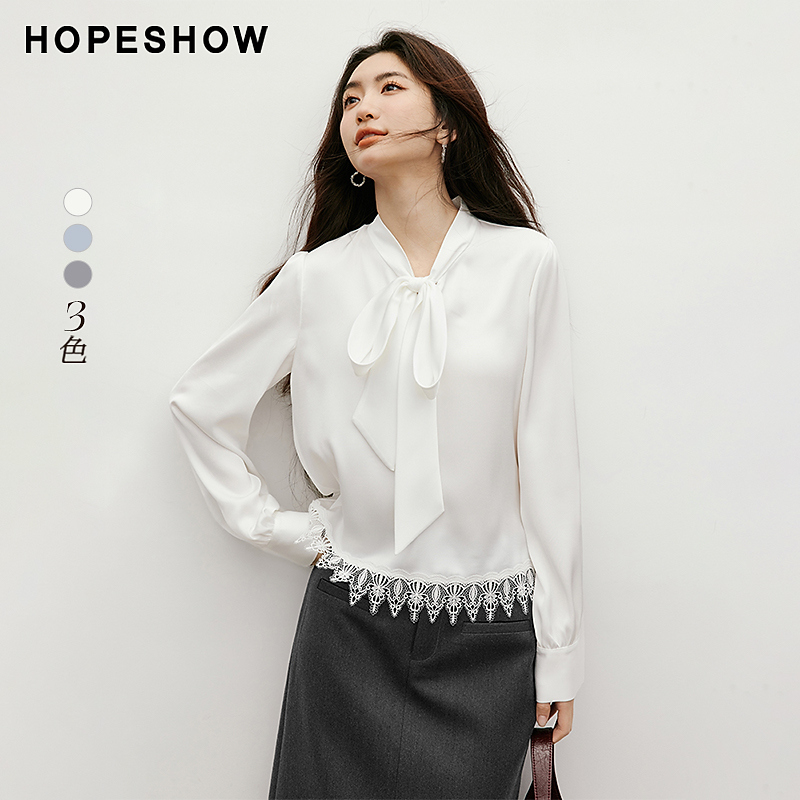 红袖2025秋季女装 缎面蕾丝拼接飘带领正肩长袖短衬衫90125310304