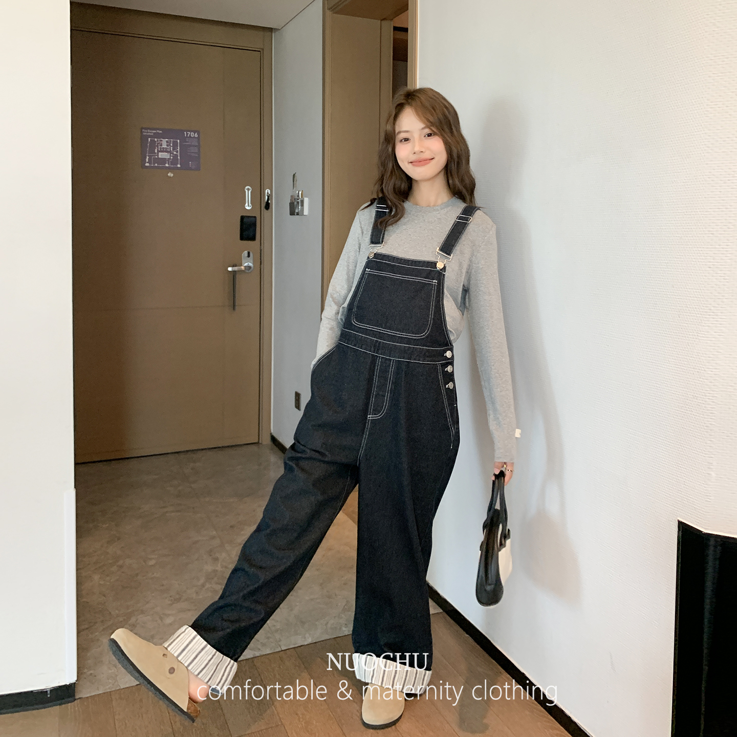 高级丹尼色背带裤◆孕妇秋装显瘦减齡背带裤复古宽松阔腿裤牛仔裤