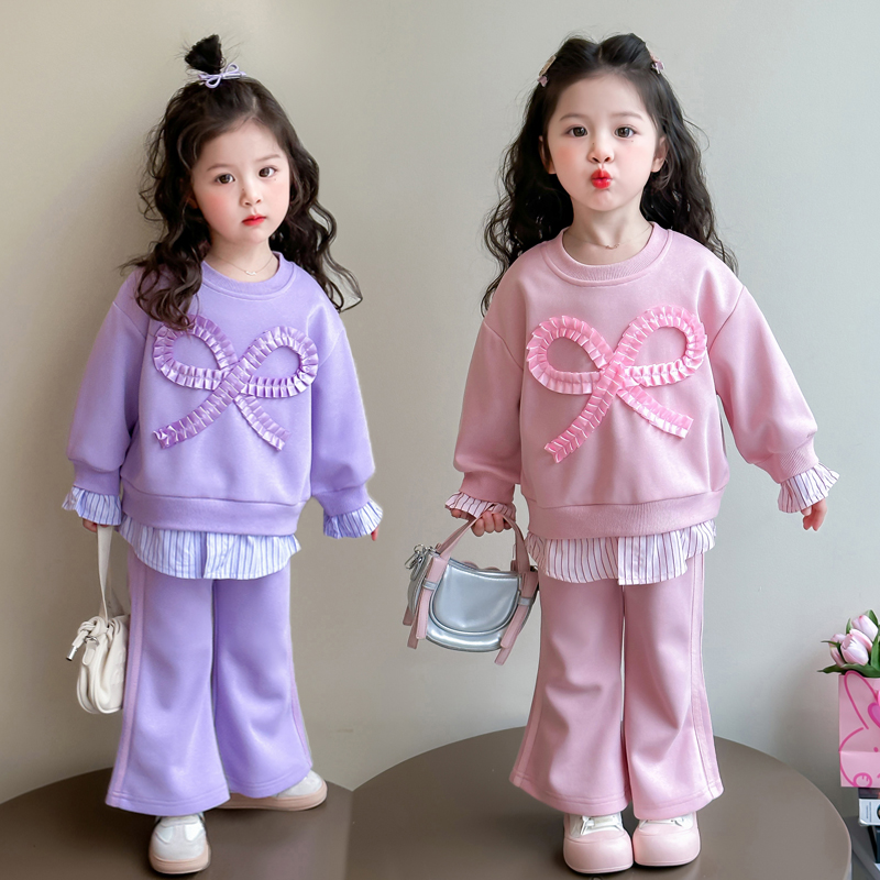 女童蝴蝶结套装2025新款儿童春秋装韩版洋气女宝宝春季卫衣两件套