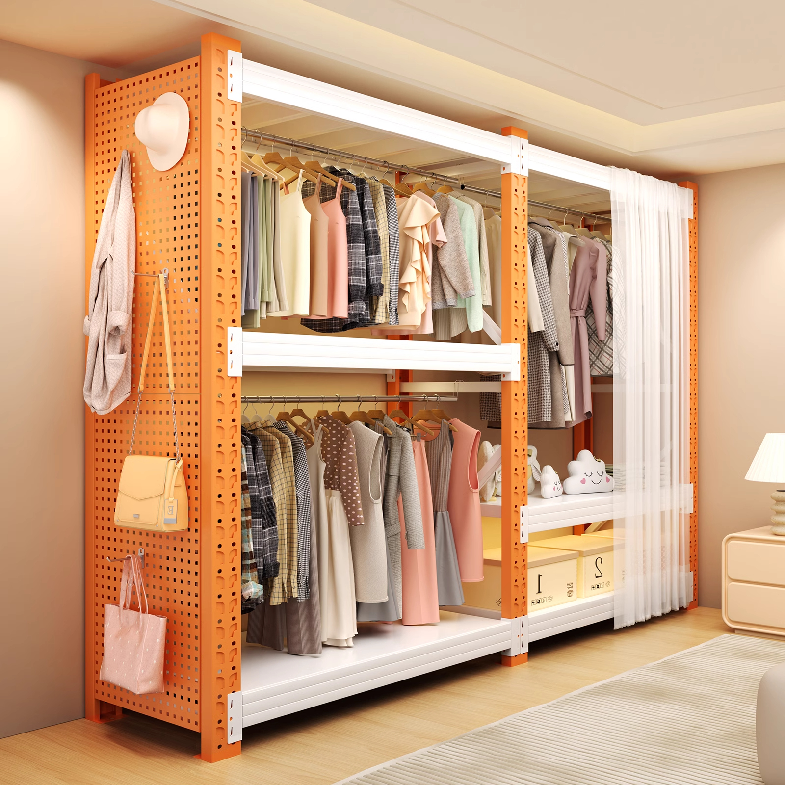 货架衣柜简易组装家用卧室房衣帽间收纳架子开放式钢制金属挂衣架