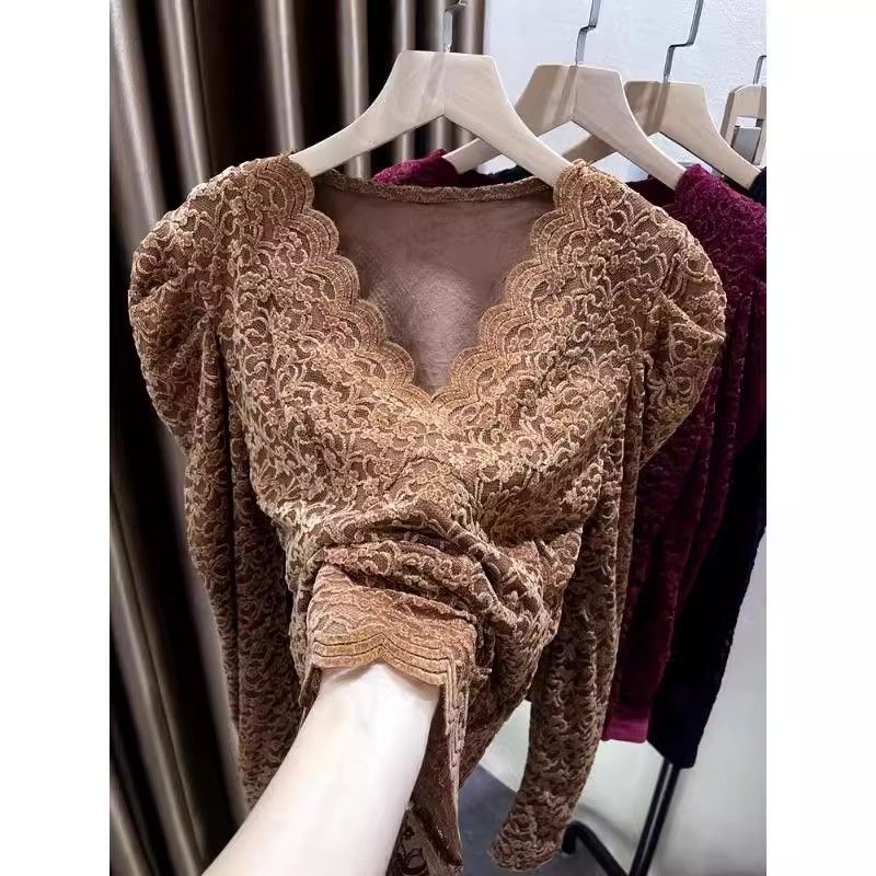 大码V领蕾丝加绒打底衫女裝胖mm2025秋冬季新款显瘦内搭保暖上衣