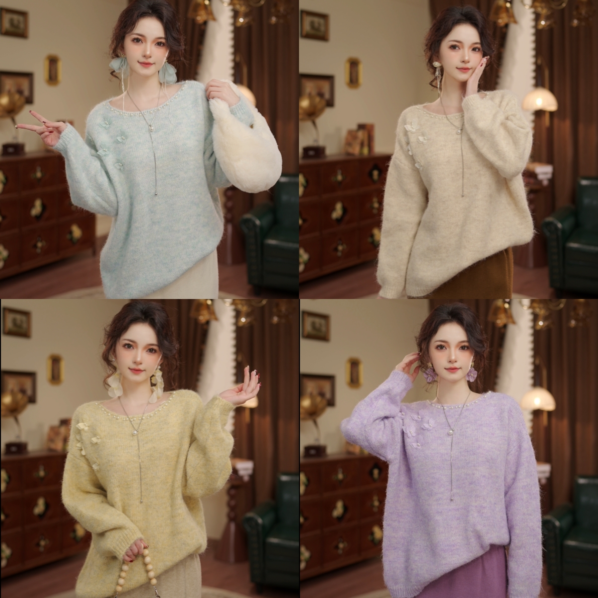 敏恩【浮云月下】港风复古套头针织宽松百搭毛衣毛衣WO6347434