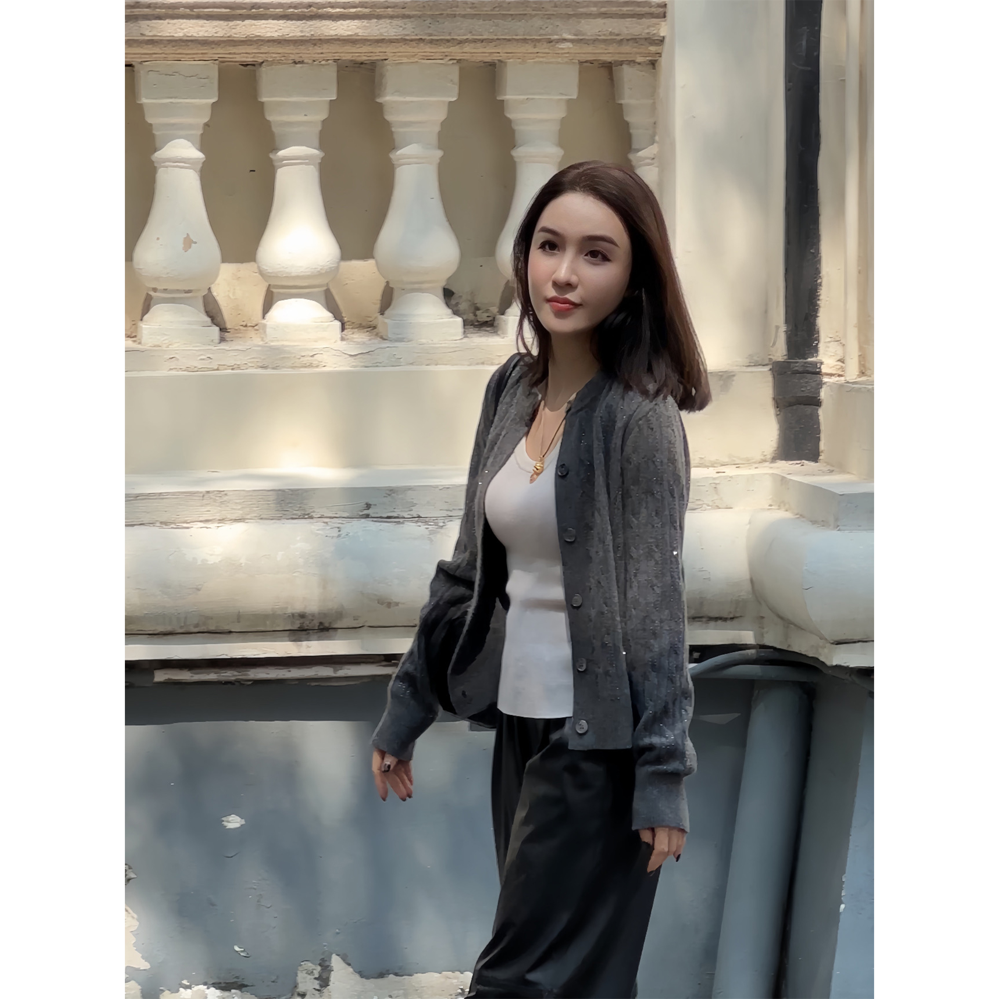 JESSICA WU麻花编织银色闪丝细腻点缀圆领羊绒针织开衫254504075