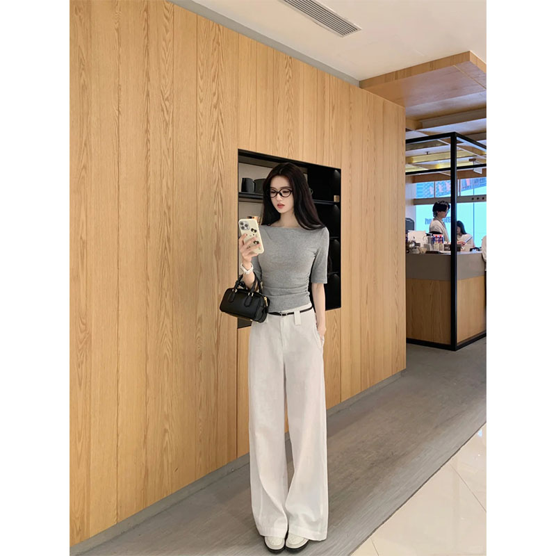 夏季2025简约风修身显瘦设计感圆领T恤短袖上衣休闲宽松百搭长裤