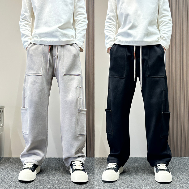 美式潮牌多口袋工装裤男款秋冬季加绒弯刀空气层卫裤男士休闲裤子