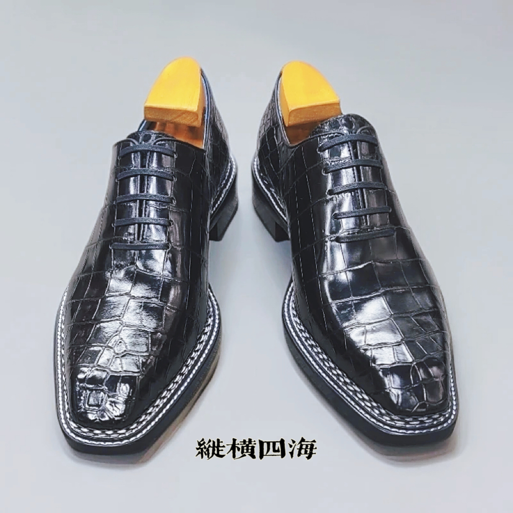 【纵横四海】纯手工挪威缝一片式尼罗鳄鱼皮男士经典系带牛津鞋