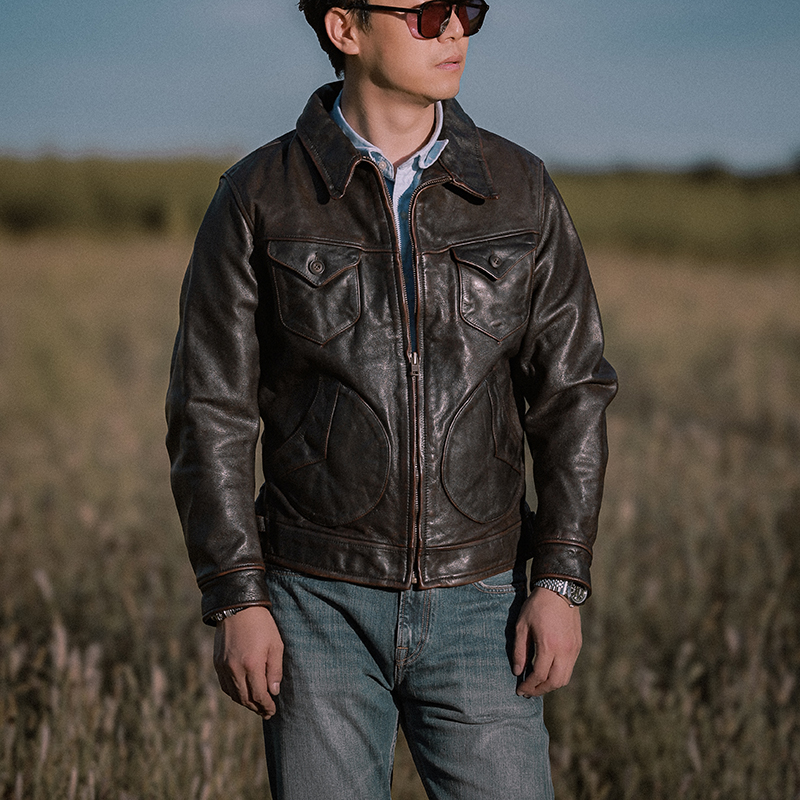 门多萨农场主茶芯色做旧油蜡植鞣牛皮皮衣男水洗翻领多兜皮衣男款