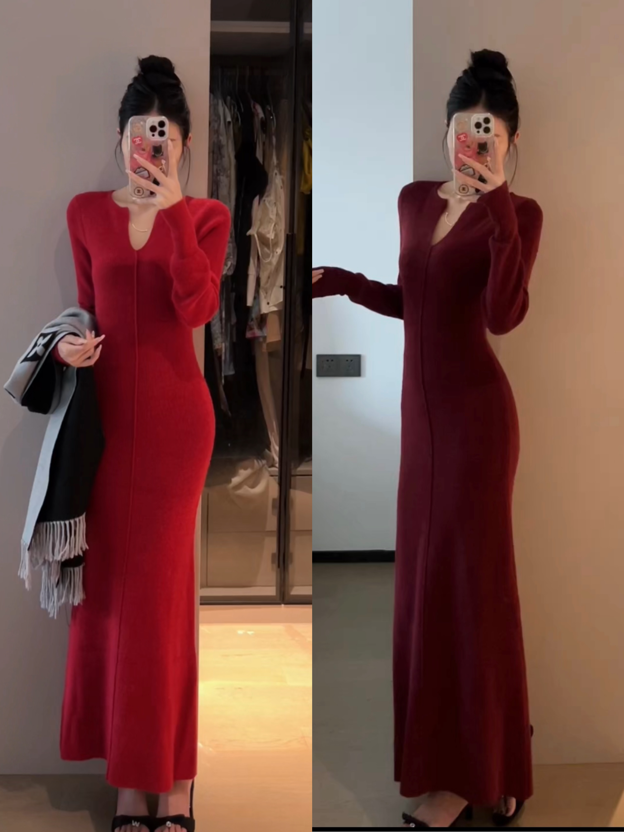 法式御姐秋冬慵懒风INS风气质显瘦百搭加厚大衣打底U领连衣裙修身