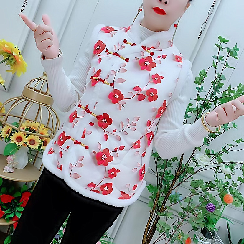 秋冬季中国风盘扣立领植物花卉马甲女坎肩洋气减龄通勤马夹背心