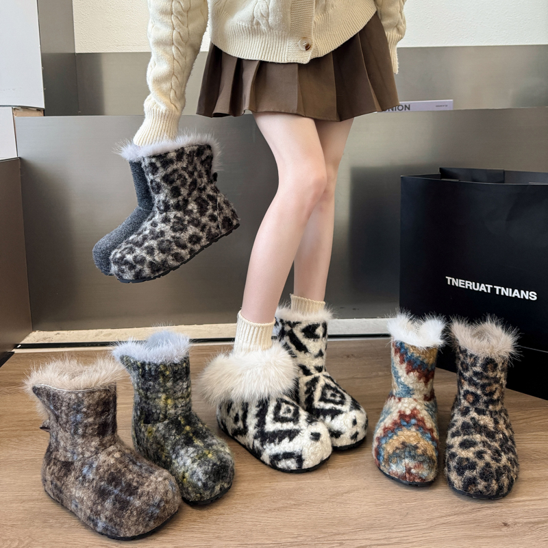 超火毛呢毛绒保暖雪地靴女冬季加绒加厚保暖棉靴百搭外穿防滑棉鞋