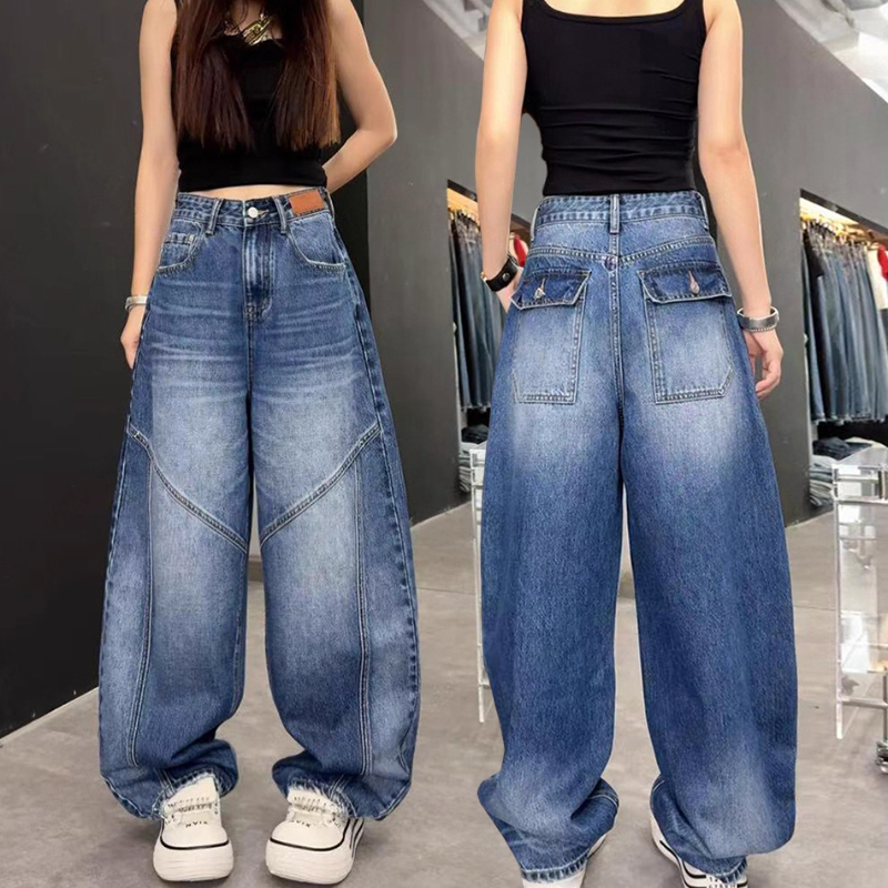 大码美式阔腿牛仔裤女秋季2025新款胖mm显瘦梨型身材直筒弯刀裤子