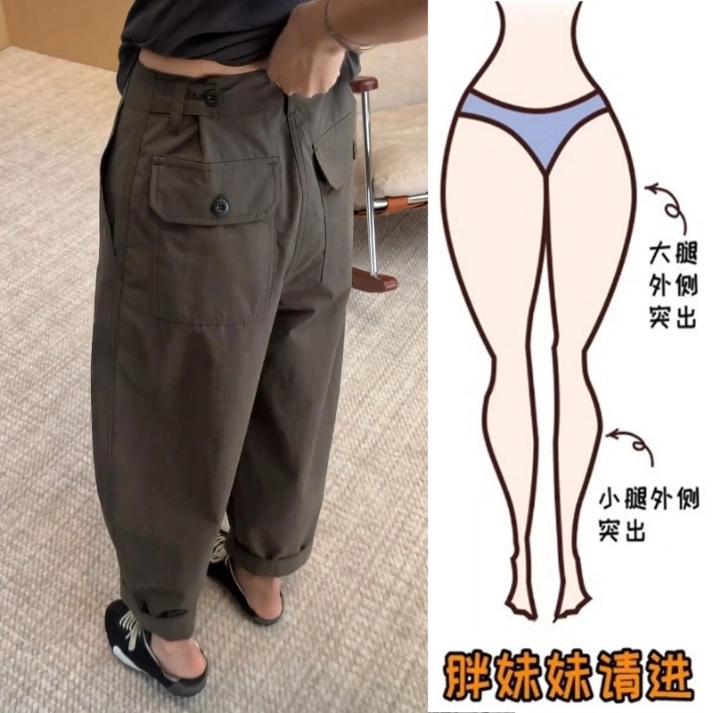 新款大码工装休闲裤女夏季薄款宽松显瘦阔腿直筒九分哈伦奶奶裤子