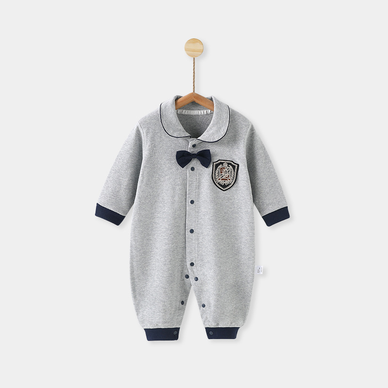 婴儿连体衣周岁礼满月宝宝哈衣春秋英伦爬服翻领绅士风外出服洋气