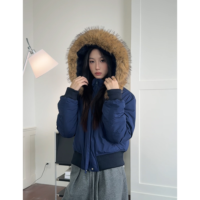 冬季新款毛领连帽短款棉服女美式高级感纯色棉衣外套时尚开衫棉袄