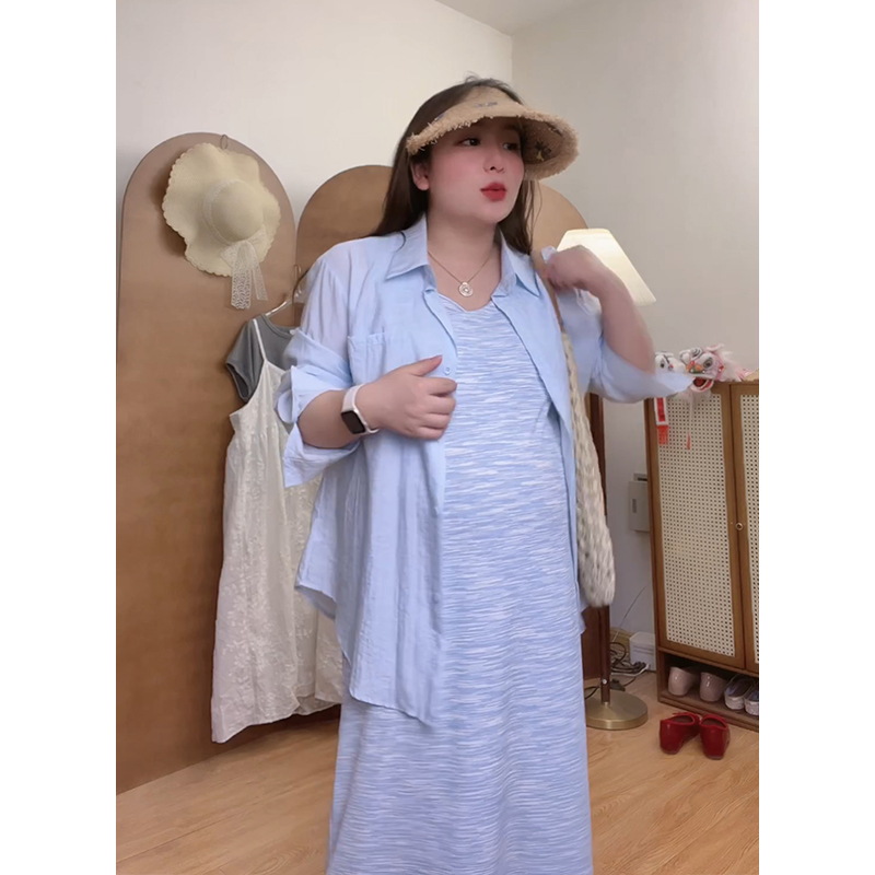 孕妇夏季短袖套装2025新款洋气时髦扎染彩色背心裙防晒衬衫两件套