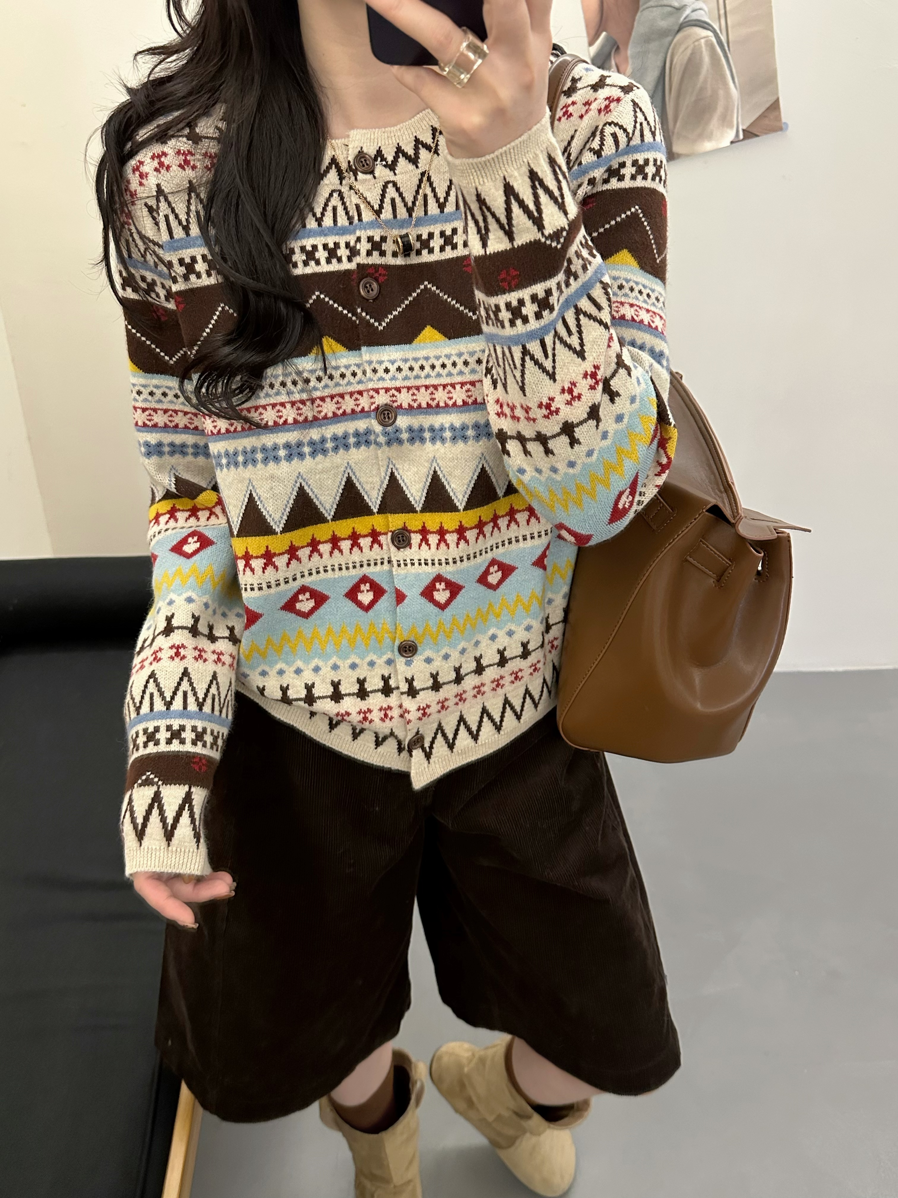 几何彩条羊毛提花拼色秋冬费尔岛针织开衫外套