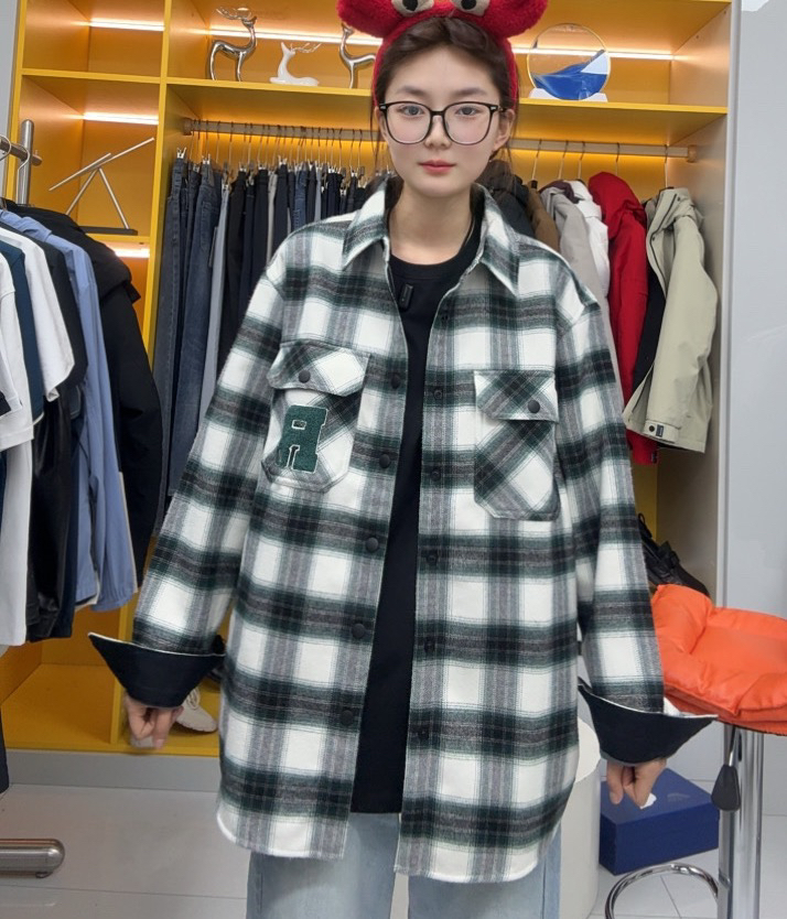 L540休闲加绒衬衣外套男女经典格纹宽松长袖格子痞帅慵懒风男装
