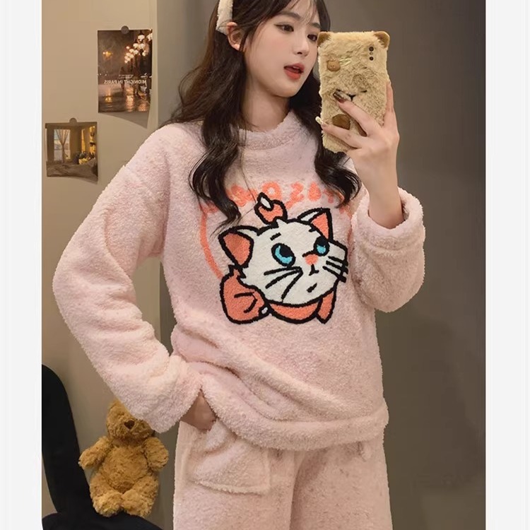可爱玛丽猫半边绒加厚睡衣女冬季少女可外穿珊瑚绒家居服两件套