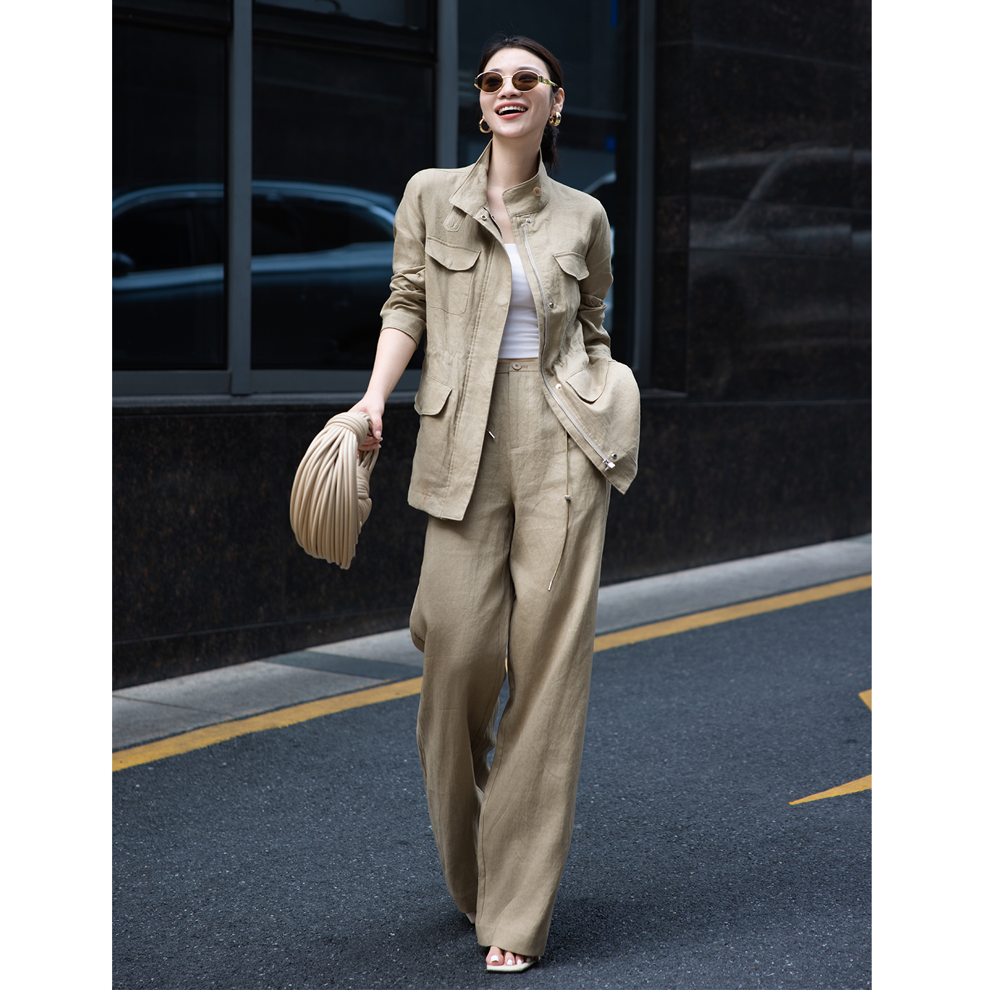 2025欧洲站休闲亚麻老钱风套装显瘦气质外套直阔裤小个子两件套潮