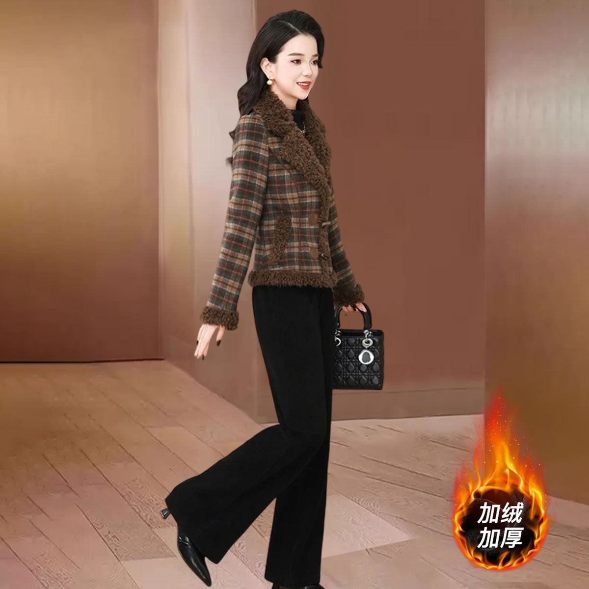 品牌美拉德时尚长袖套装女2025秋冬新款加绒加厚小香风气质两件套