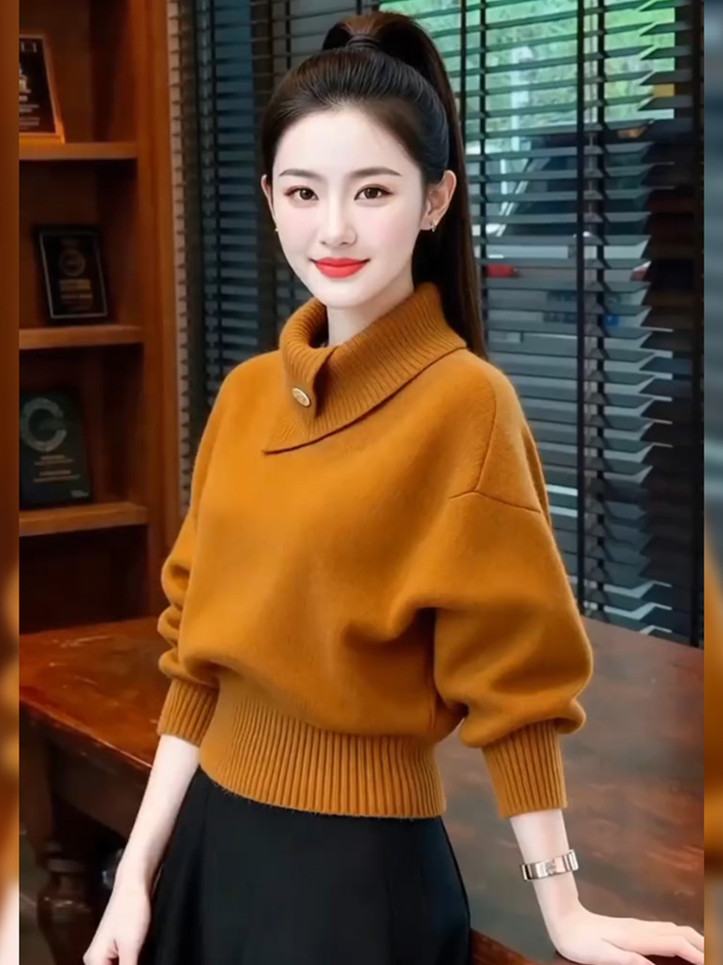 半高领橘色短款针织衫上衣2025冬季新款高级感慵懒风爆款毛衣女装