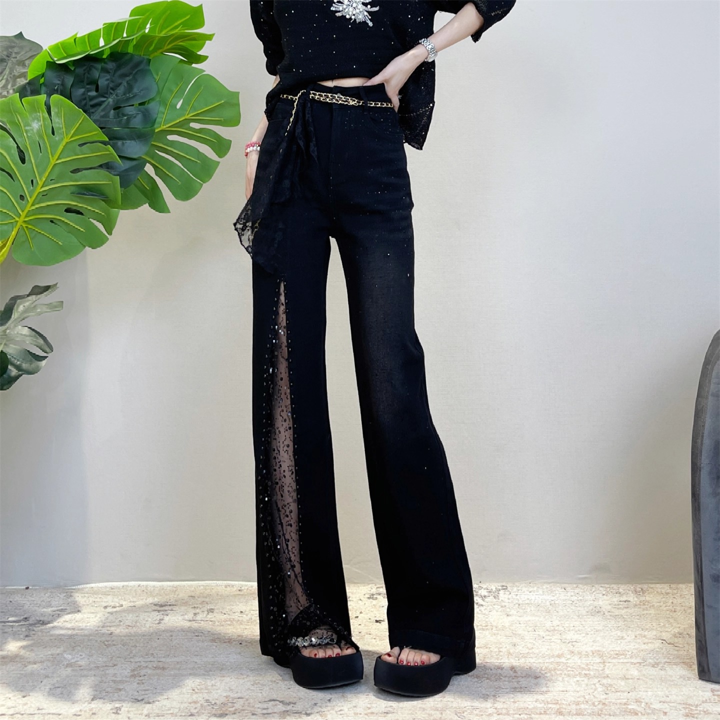黑色拼接蕾丝阔腿牛仔裤女夏季新款弹力设计感烫钻钉珠直筒裤长裤