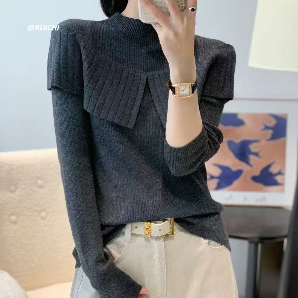 2025秋冬新款韩系设计感自带披肩长袖高级感修身针织打底衫上衣女