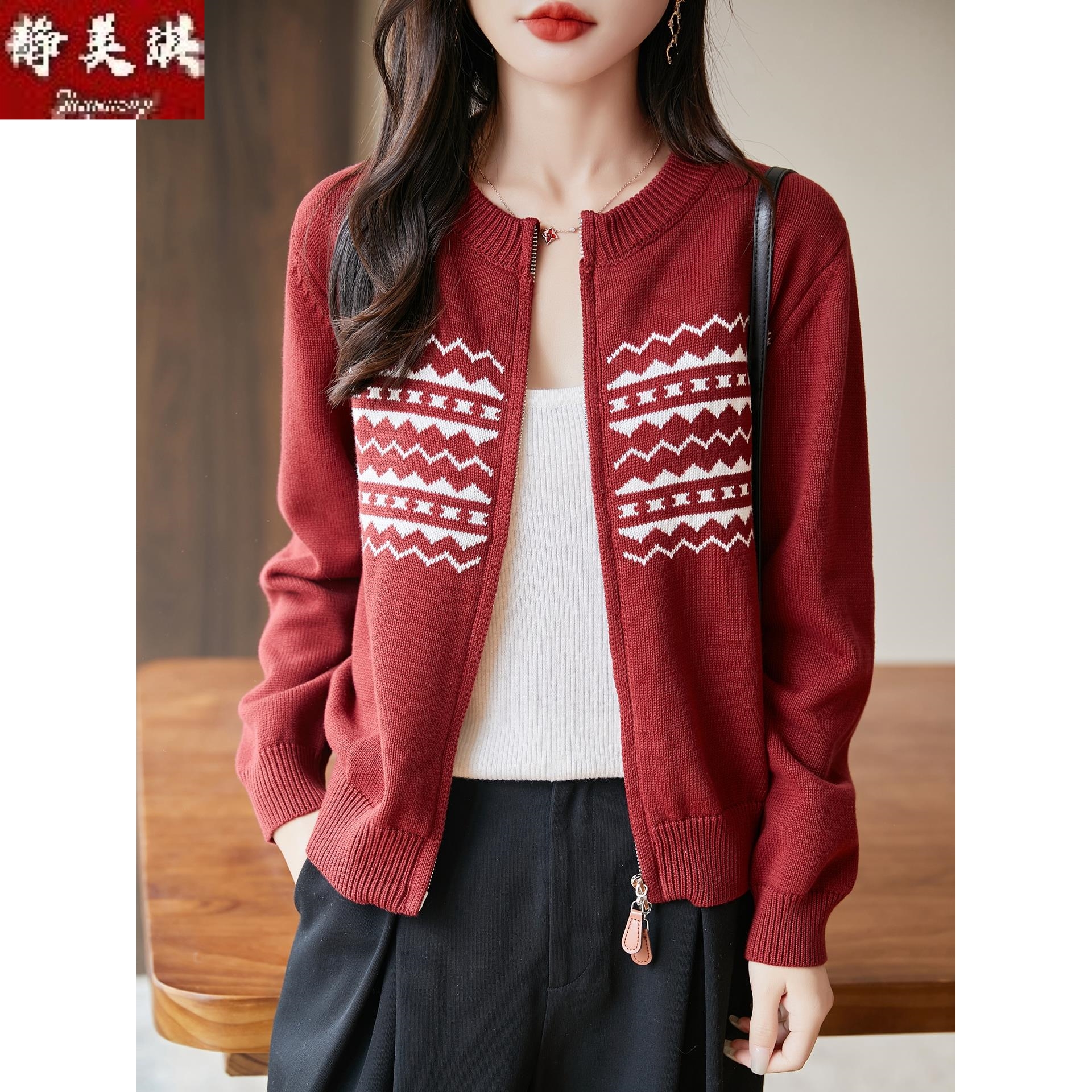 双拉链纯棉针织miu系开衫女圆领拼色提花毛衣宽松休闲短外套上衣