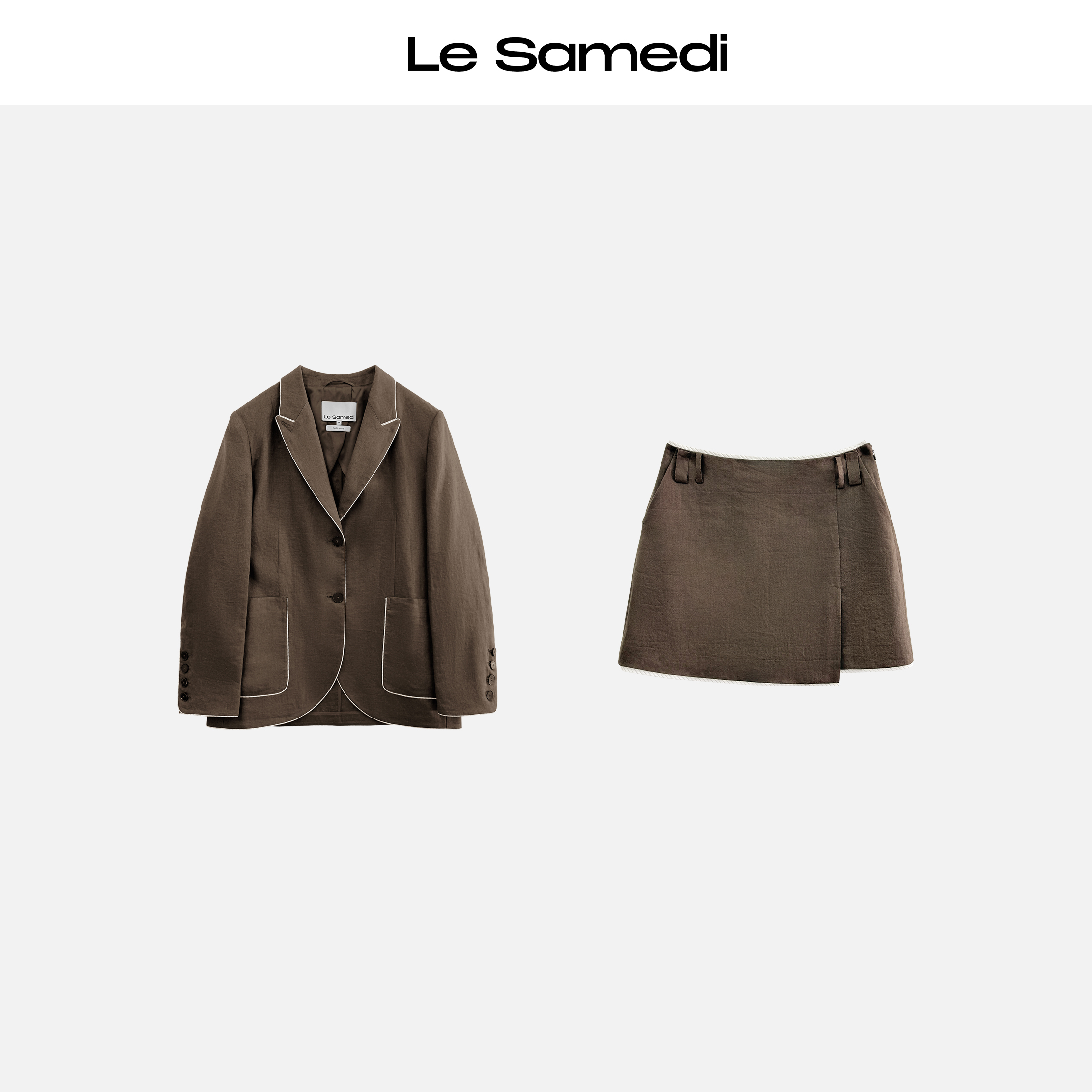 Le Samedi【忧郁可露丽】 撞色明边 度假亚麻西装+不规则层叠裙裤