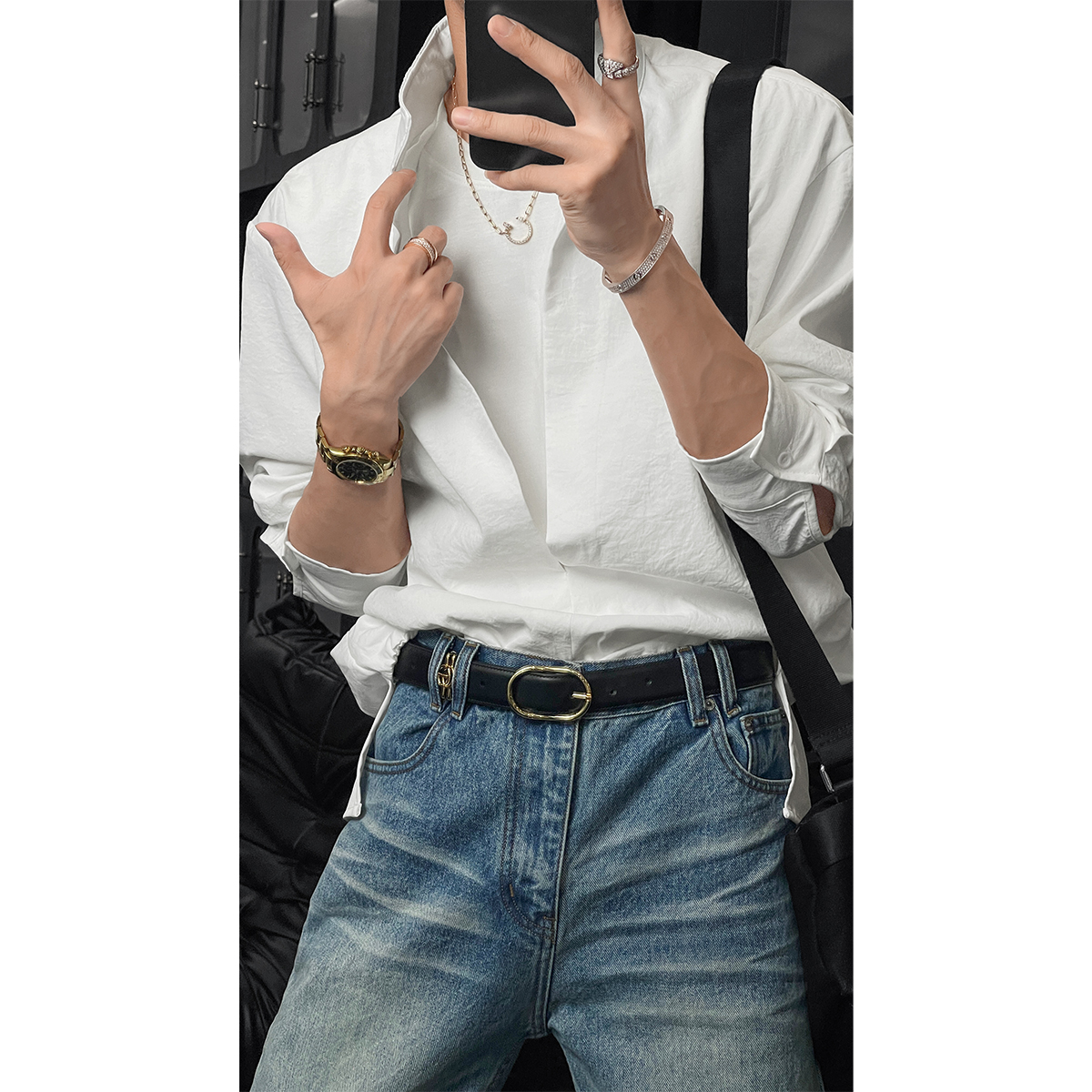 夏季新款潮流双层假两件设计感小众圆领T恤百搭宽松长袖衬衫