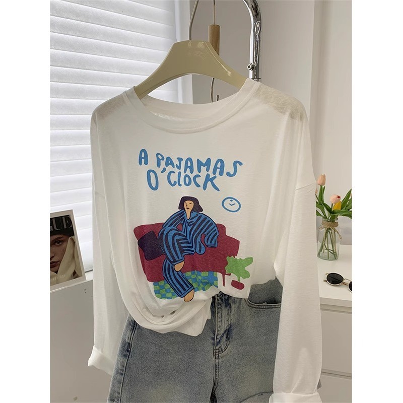 夏新款薄款冰爽透气雪花棉防晒衣宽松休闲卡通圆领长袖防晒罩衫