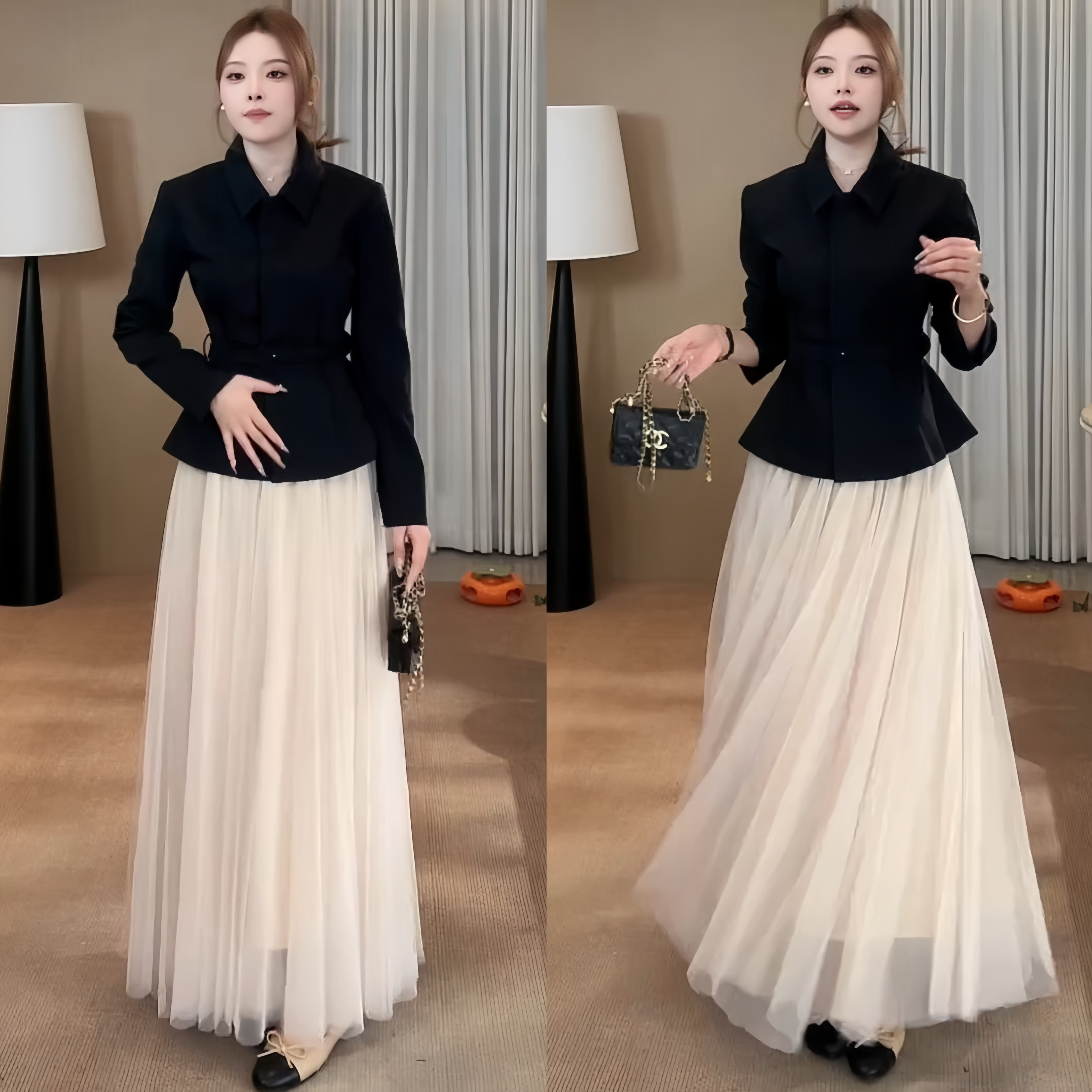 2025秋冬新款韩系高级感气质显瘦西装外套温柔网纱百褶半身裙套装