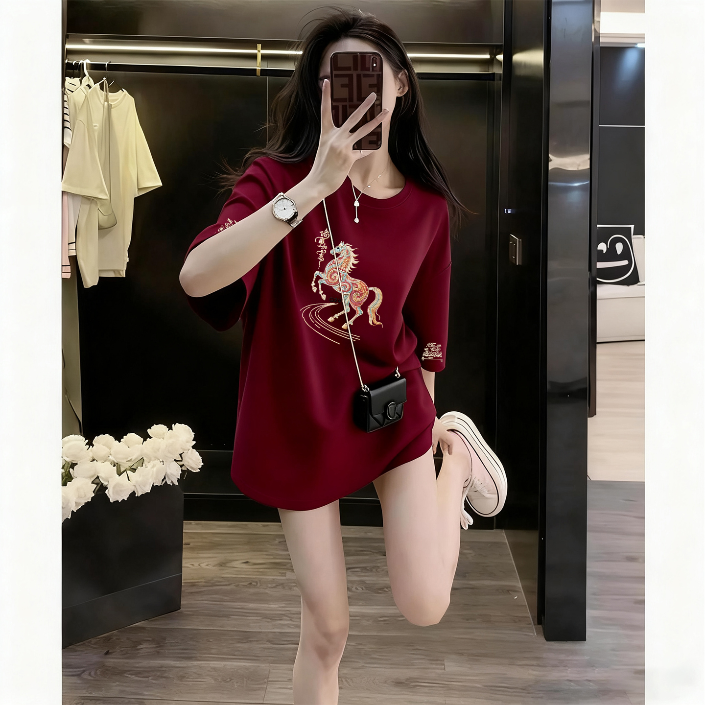 仿刺绣酒红色新春潮流百搭圆领休闲纯棉洋气宽松大码显瘦短袖t恤