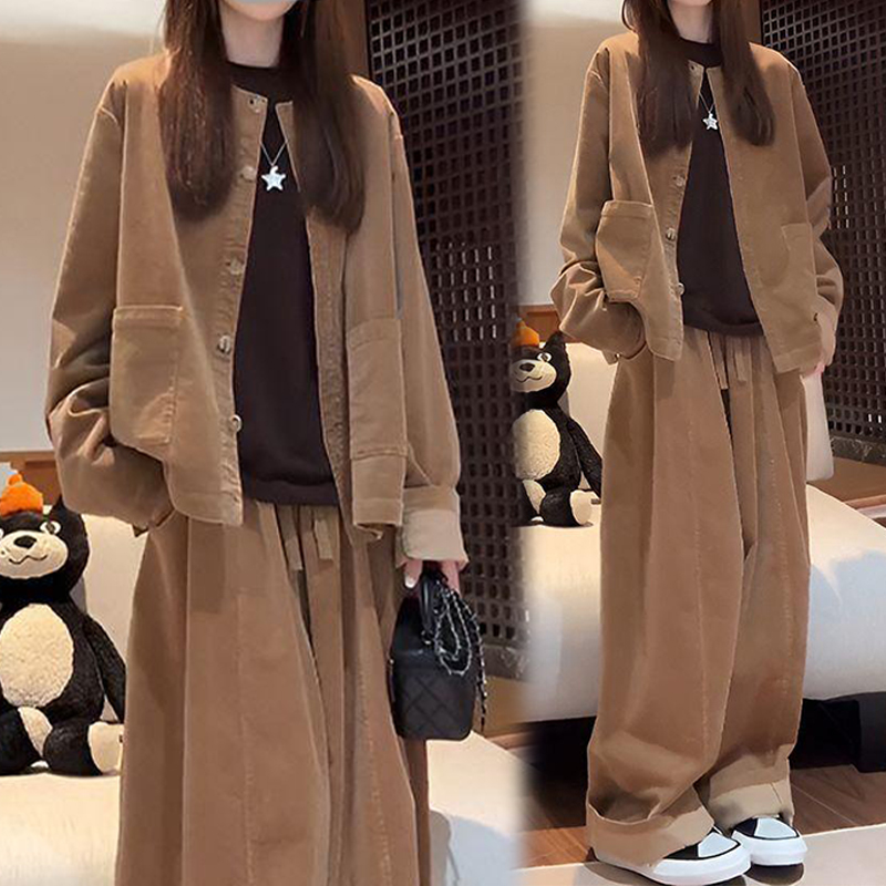 韩系一整套穿搭女2025年秋季新款纯色圆领设计感长袖+休闲裤套装