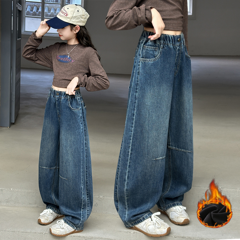 女童加绒裤子秋冬2025新款中大童女孩一体绒牛仔直筒裤儿童阔腿裤