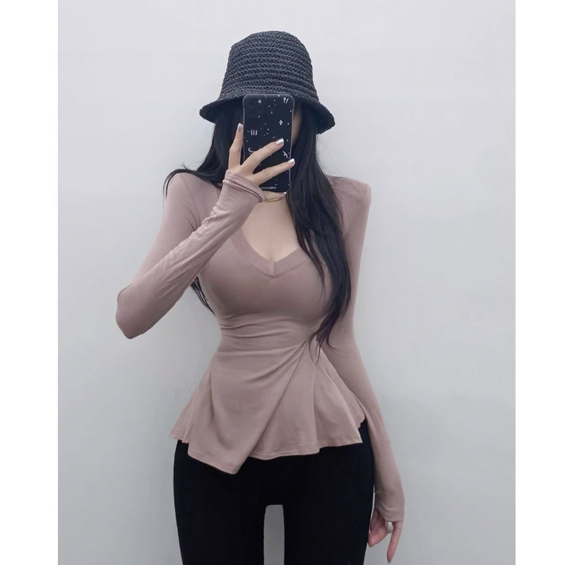 美式辣妹风修身T恤女秋季2025新款收腰显瘦v领褶皱荷叶边长袖上衣