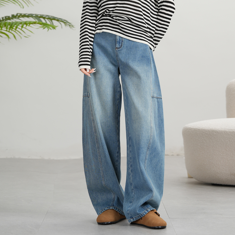 凌丹娜正品秋冬新品正版弯刀裤再生纤维高腰拖地阔腿牛仔裤LN2509