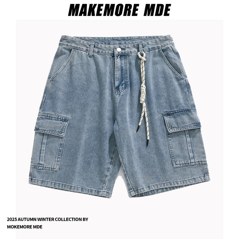 Makemore夏季工装短裤男士韩版水洗牛仔美式宽松复古情侣休闲五分