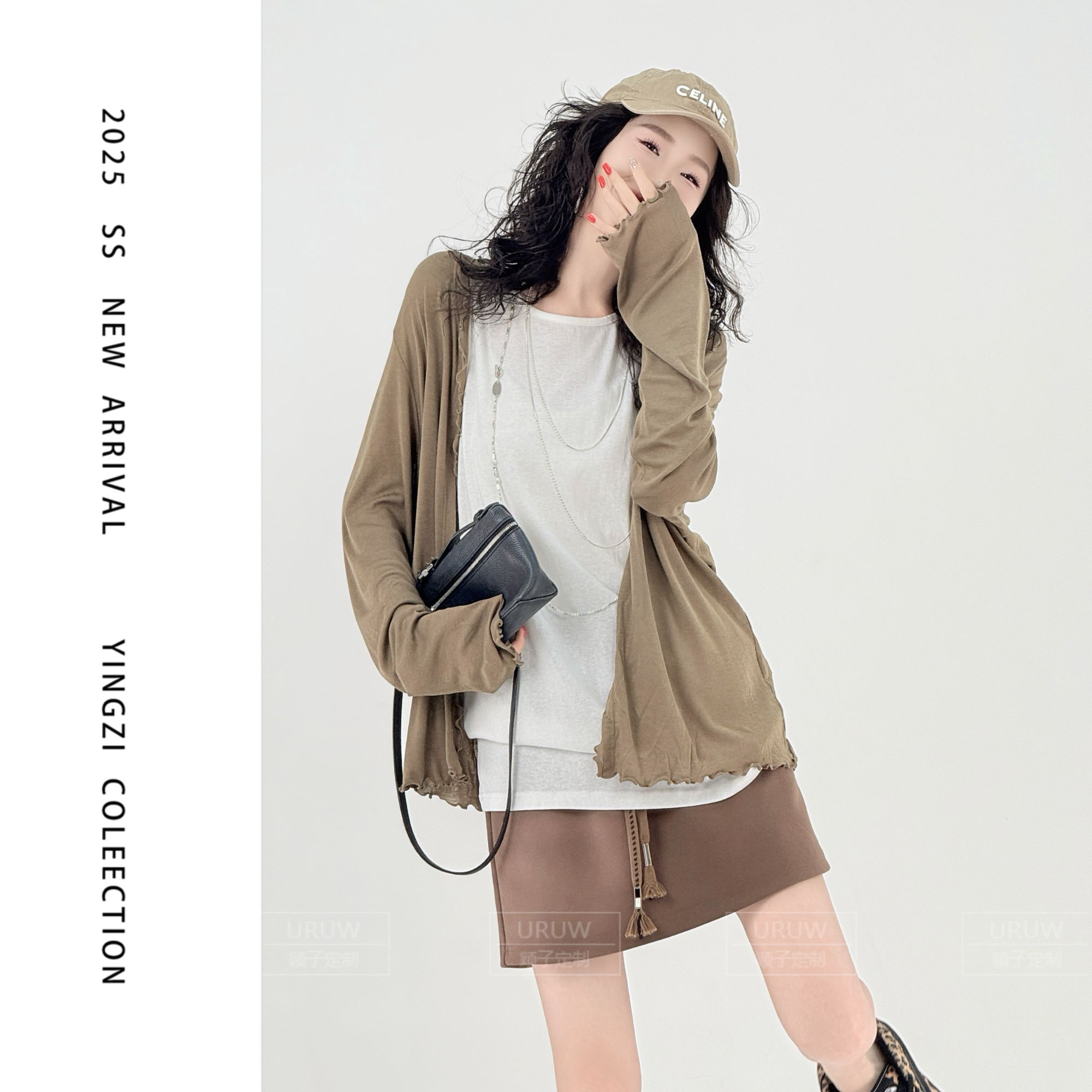 现货颖子定制【南风半夏】纯色木耳褶花边开衫夏季长袖简约上衣9685