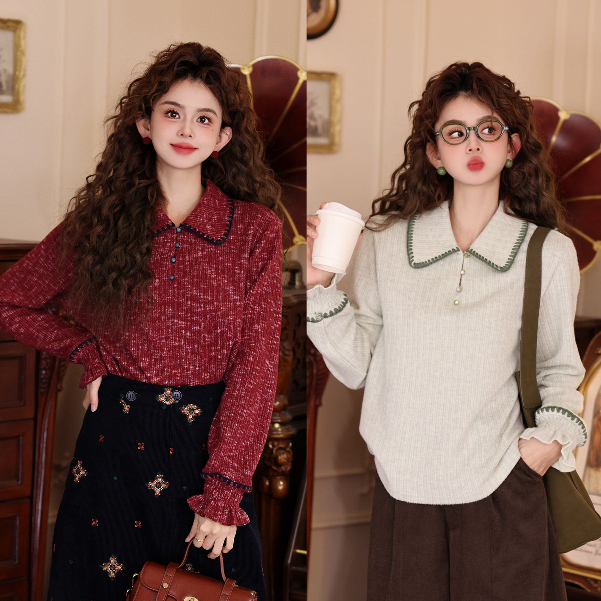 陈大器【芳草嫩芽】复古港风坑条百搭休闲宽松衬衫上衣JF1103382